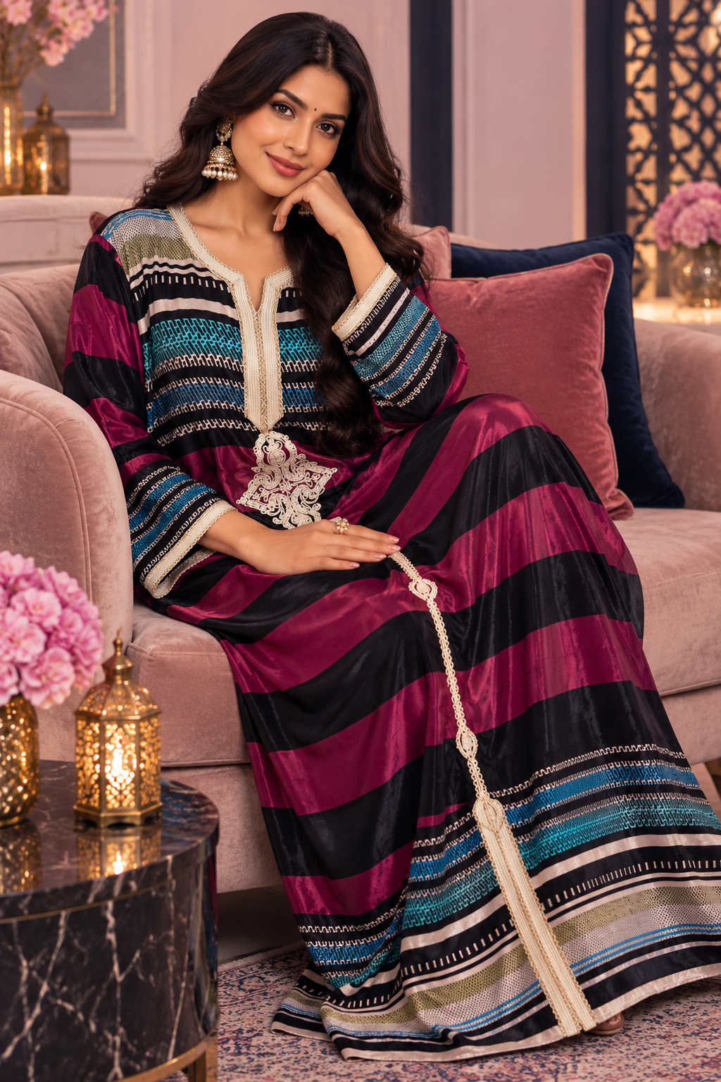 Bollywood désigner caftan rose velours taille L