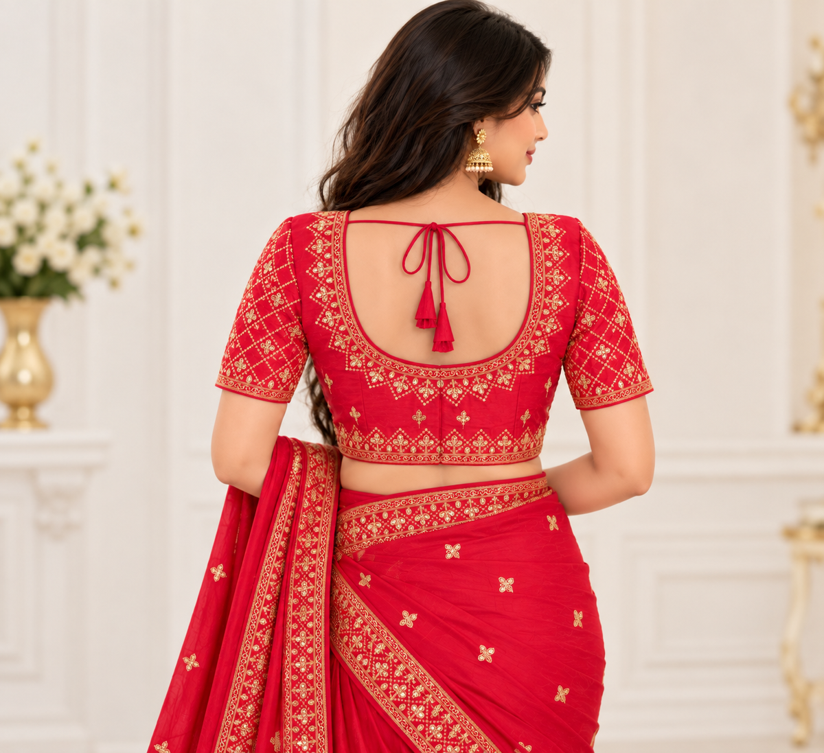 Indian désigner sari blouse rouge brodé taille 40