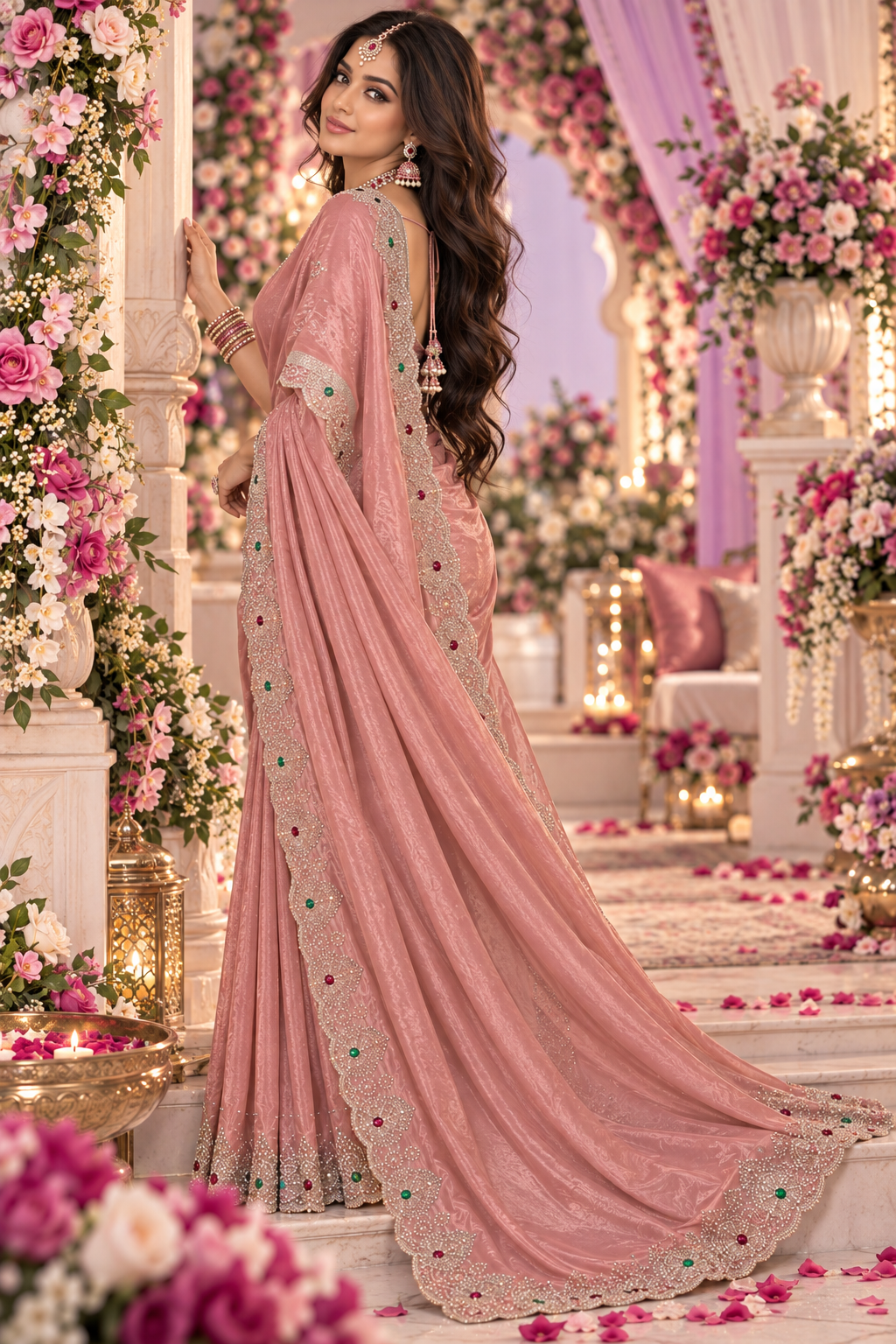 Bollywood designer pink georgette saree with stones