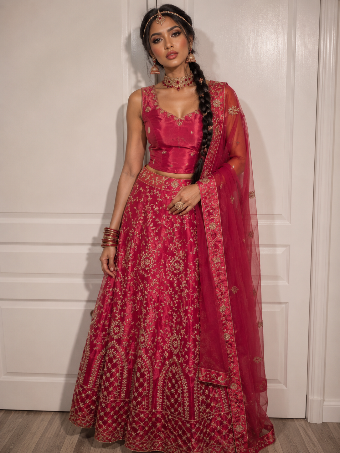 Bollywood désigner mariage lehanga choli rouge 3 pièces