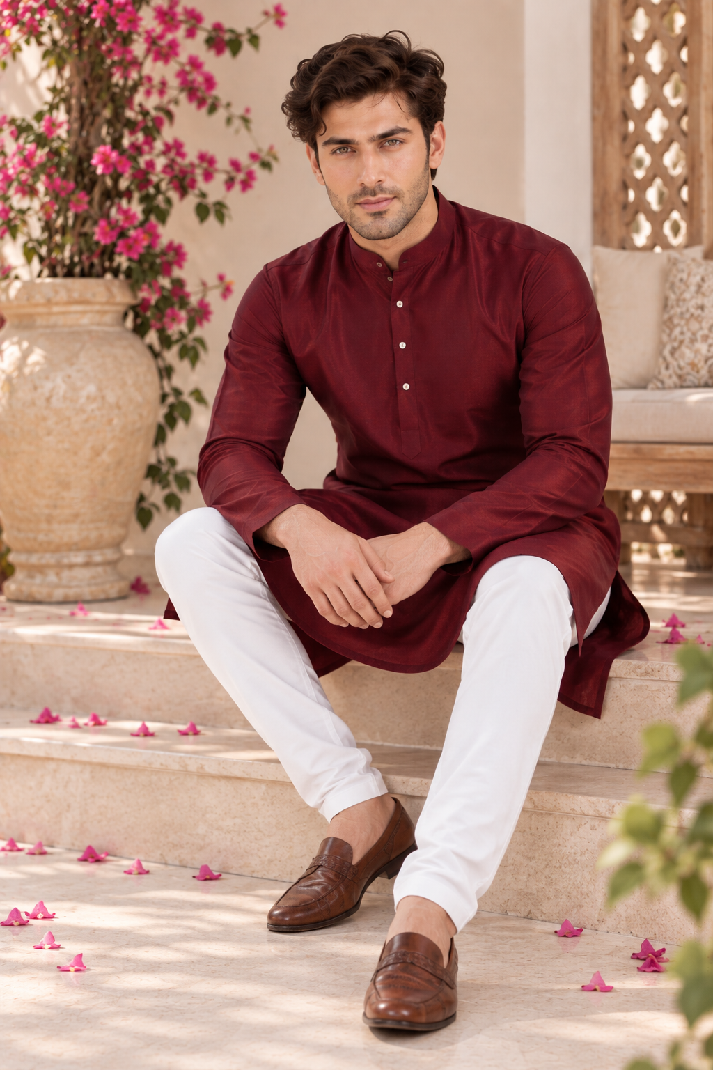 Indian kurta homme bordeaux et blanc taille XXXL