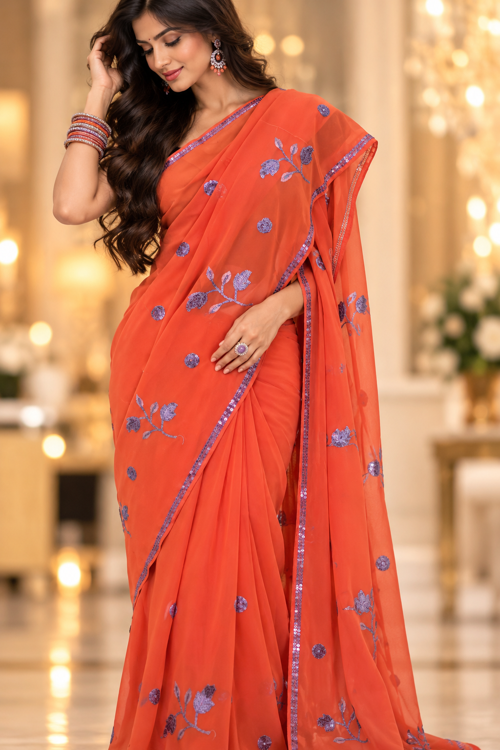 Indian sari rose corail avec sequins sans blouse