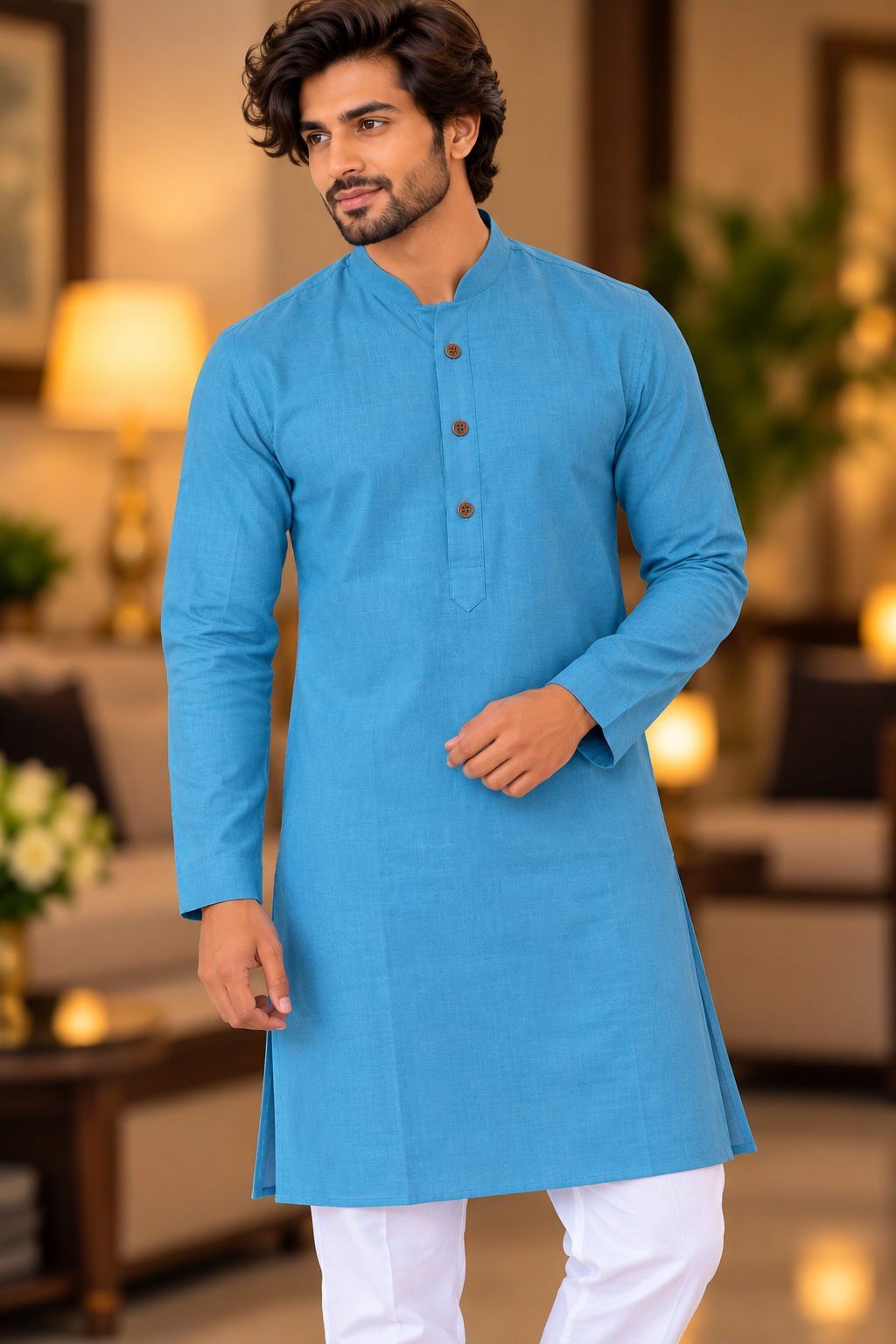 Indian désigner kurta homme bleu et blanc taille 40