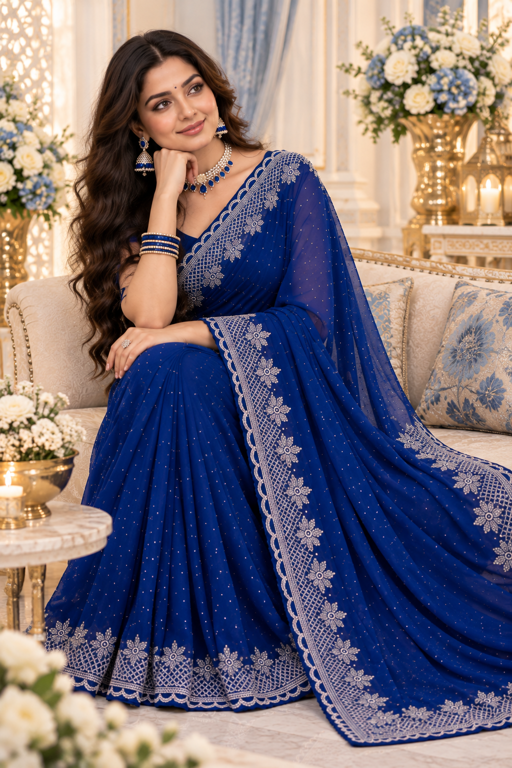 Bollywood désigner sari bleu avec des pierres argenté georgette Image secondaire du produit
