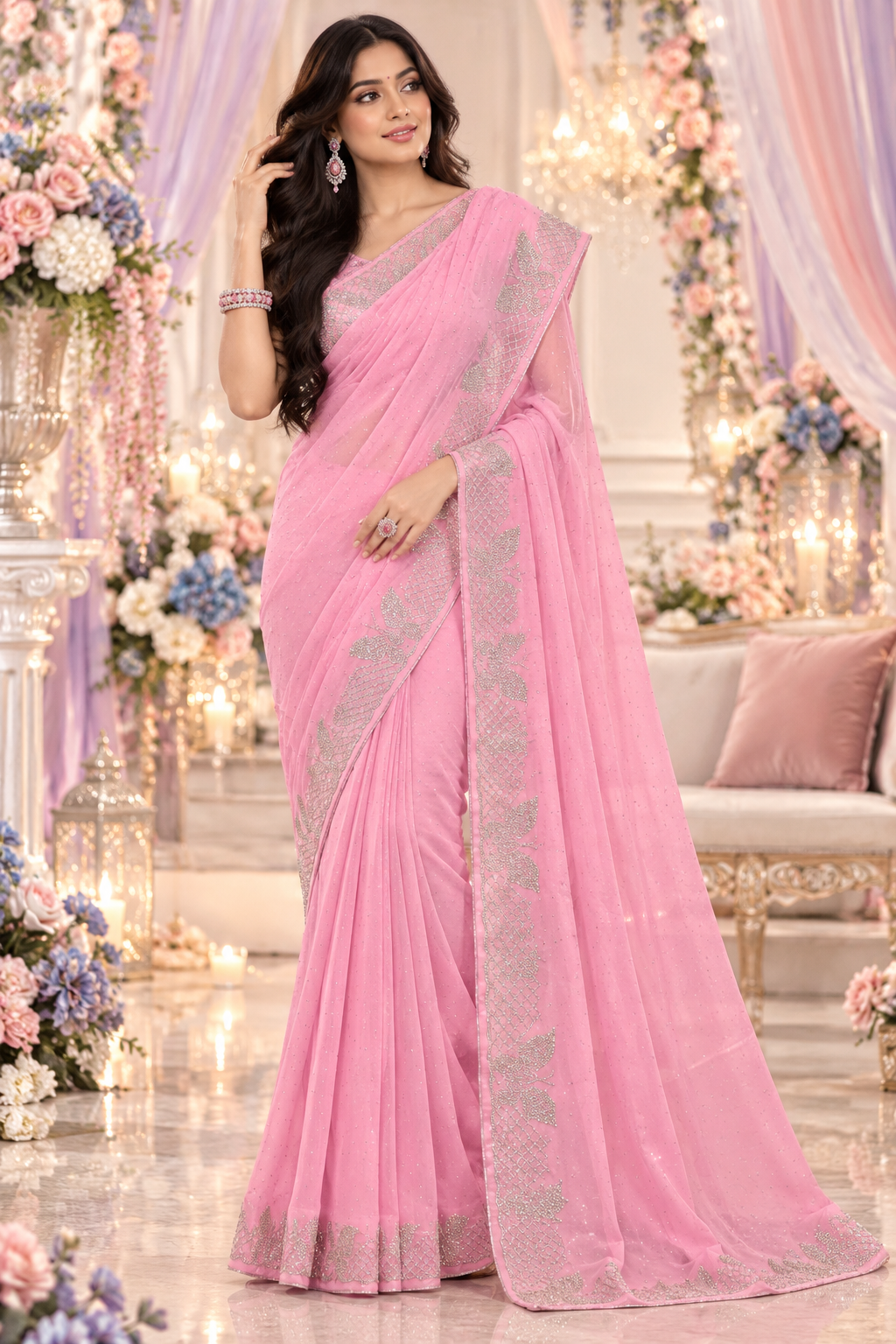 Indian désigner sari rose et argenté Image principale du produit
