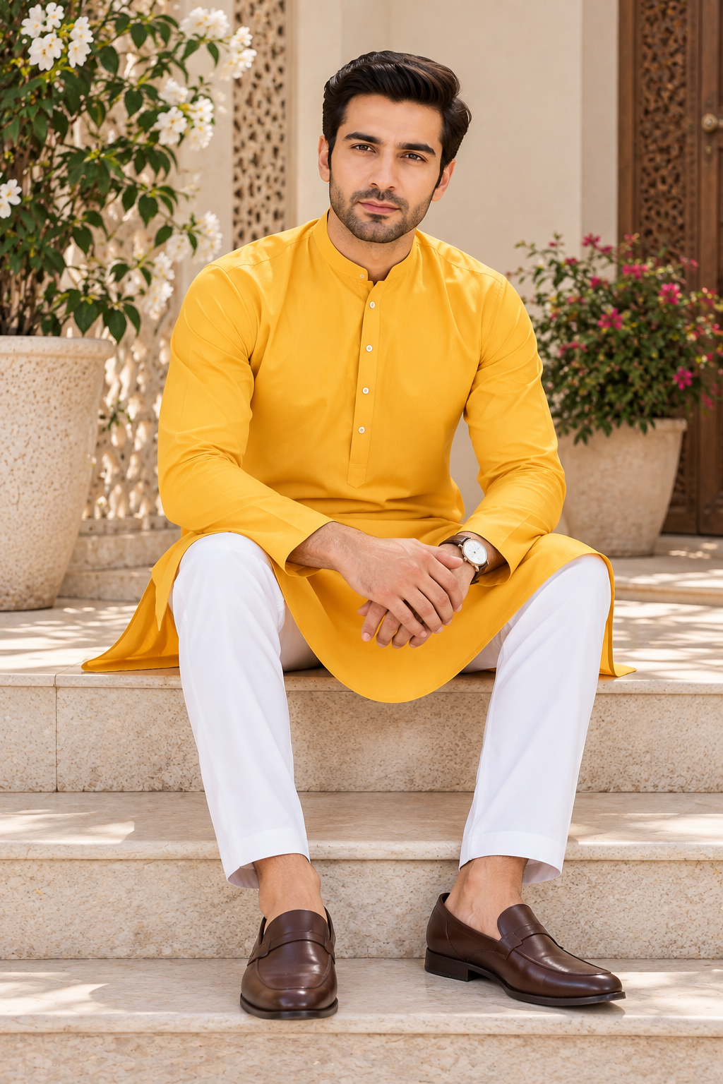 Kurta homme jaune et blanc coton taille XL