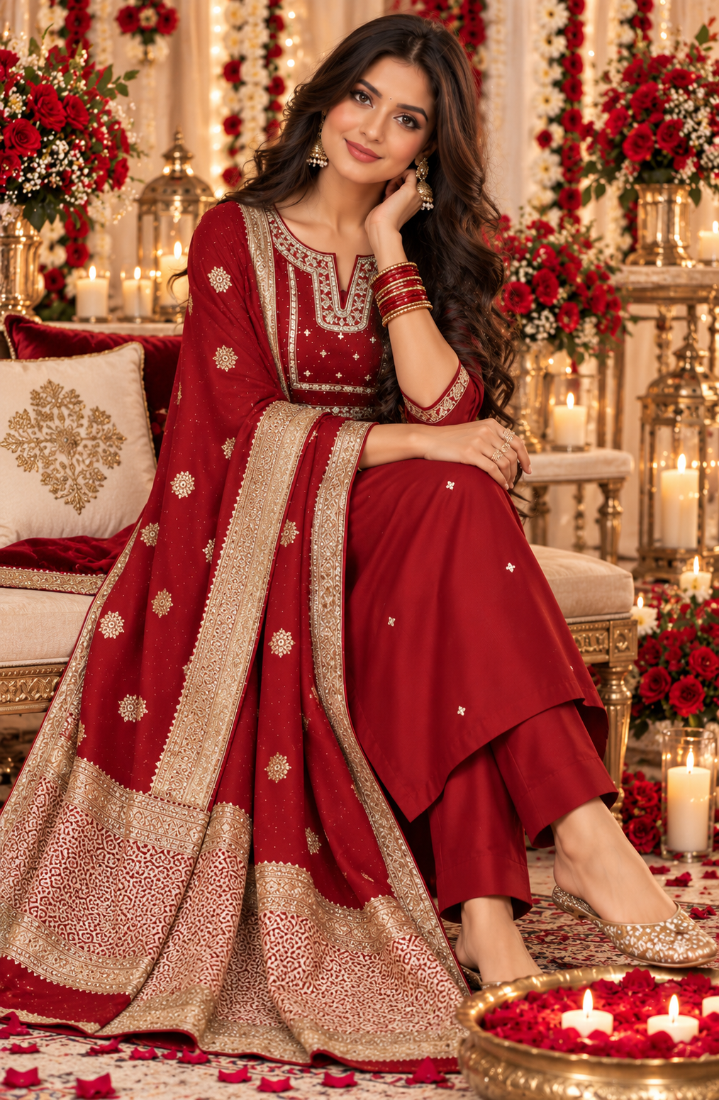 Bollywood désigner salwar kameez rouge et doré taille L rayon Image secondaire du produit