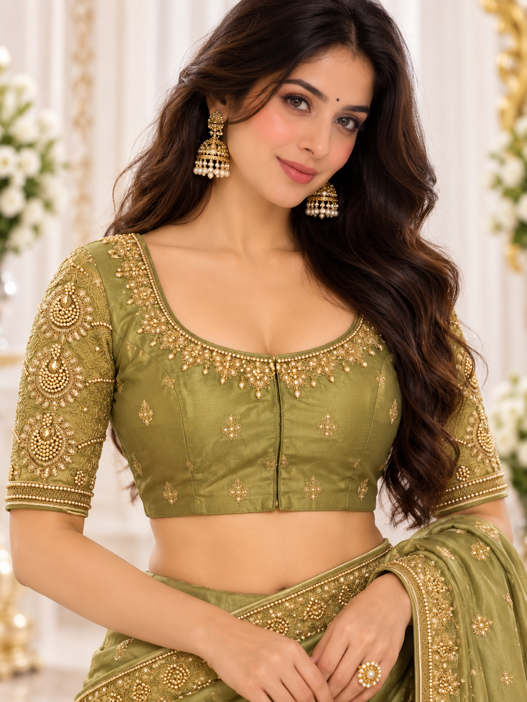 Indian désigner sari blouse vert taille 40 brodé Main image