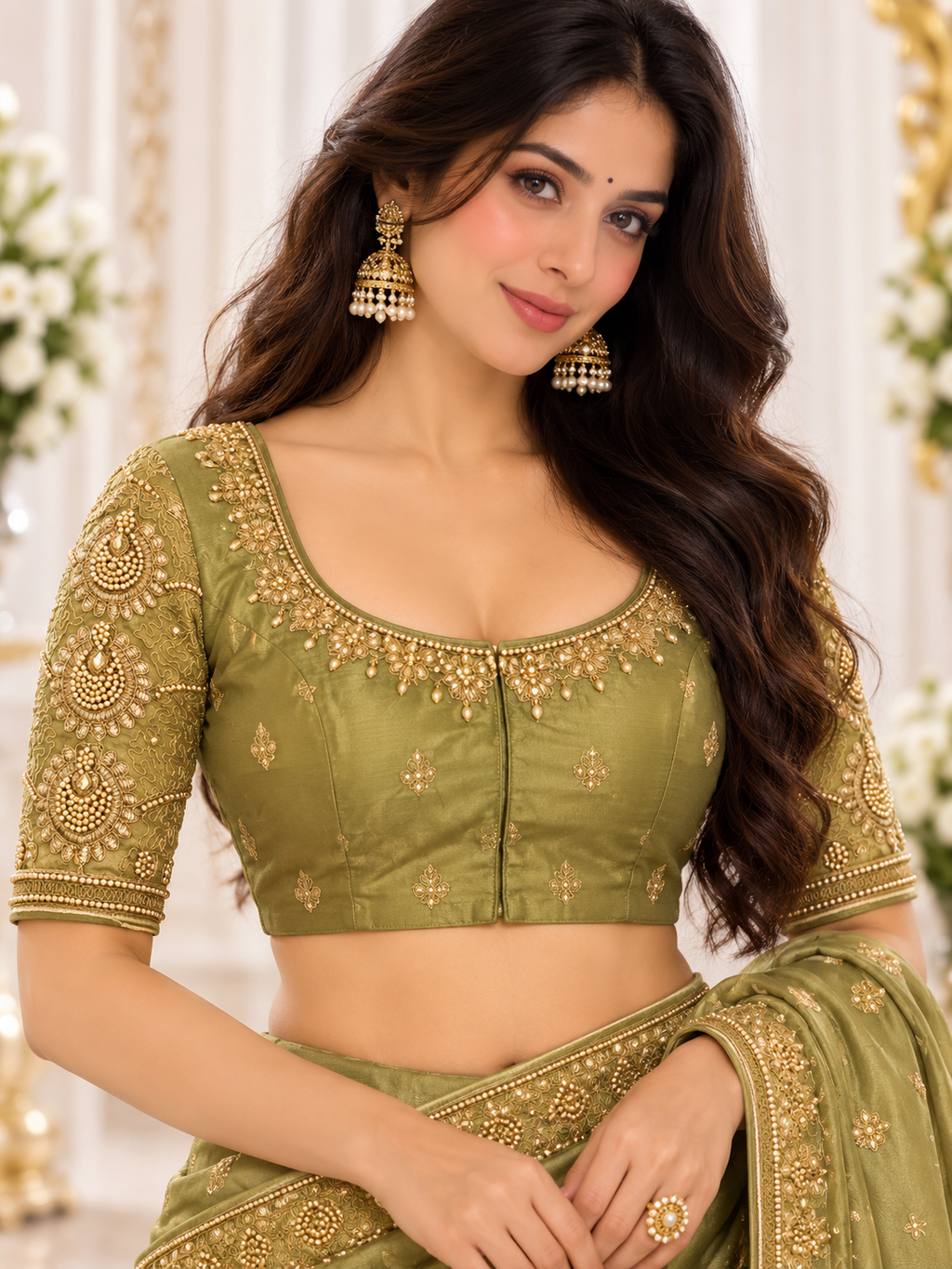 Indian désigner sari blouse vert taille 40 brodé
