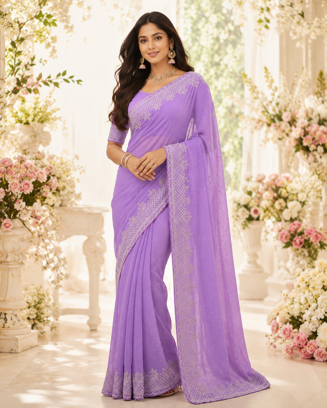 Bollywood désigner sari violet avec des sequins Image principale du produit