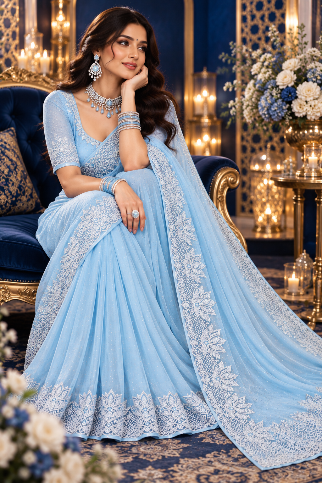 Bollywood désigner sari bleu clair avec des sequins georgette