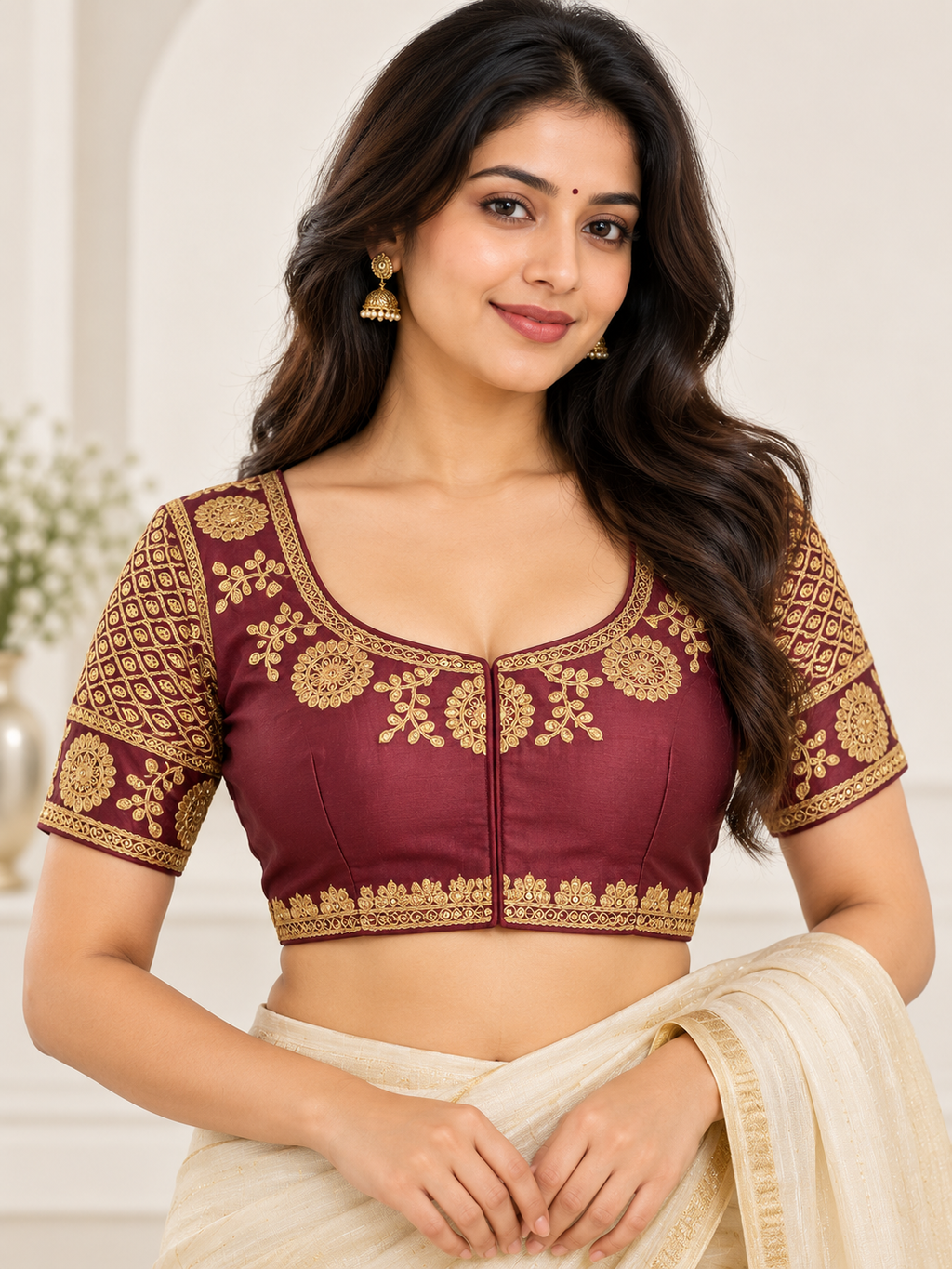 Indian sari blouse bordeaux taille 40 brodé