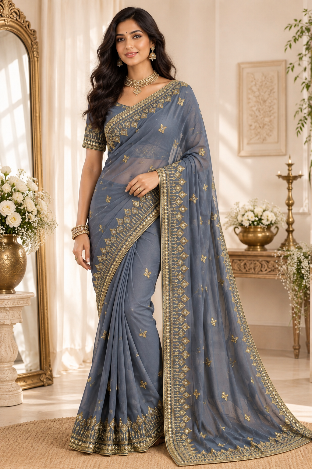 Bollywood désigner sari gris et doré brodé Image principale du produit