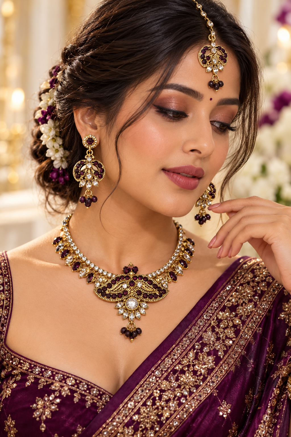 Indian désigner necklace set violet et doré