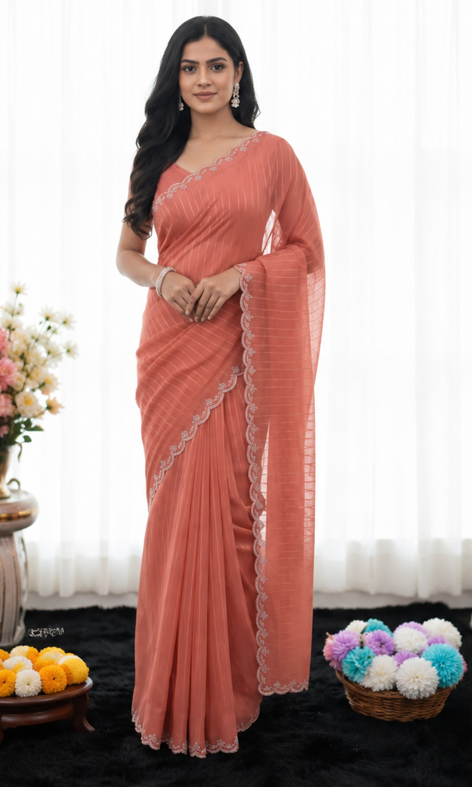 Bollywood désigner sari corail brodé avec sequins Image principale du produit