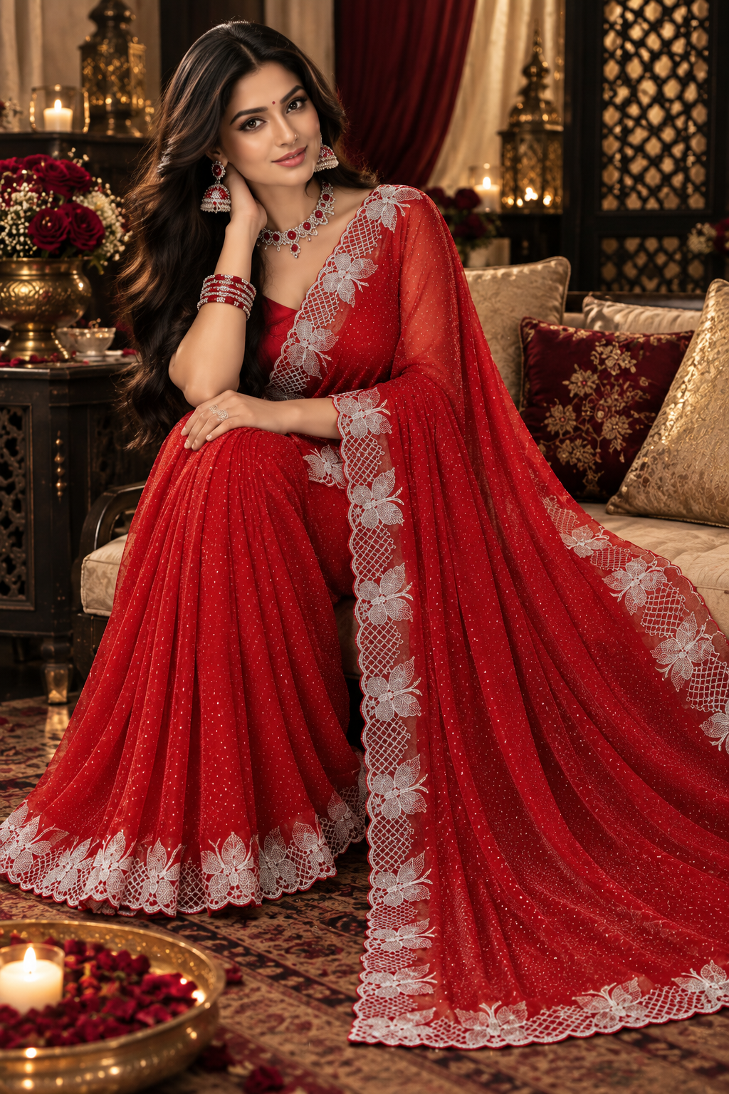 Bollywood désigner sari rouge georgette avec des pierres argenté