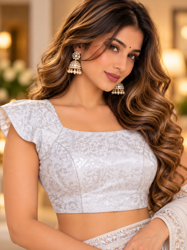 Indian sari blouse blanc et argenté taille 40