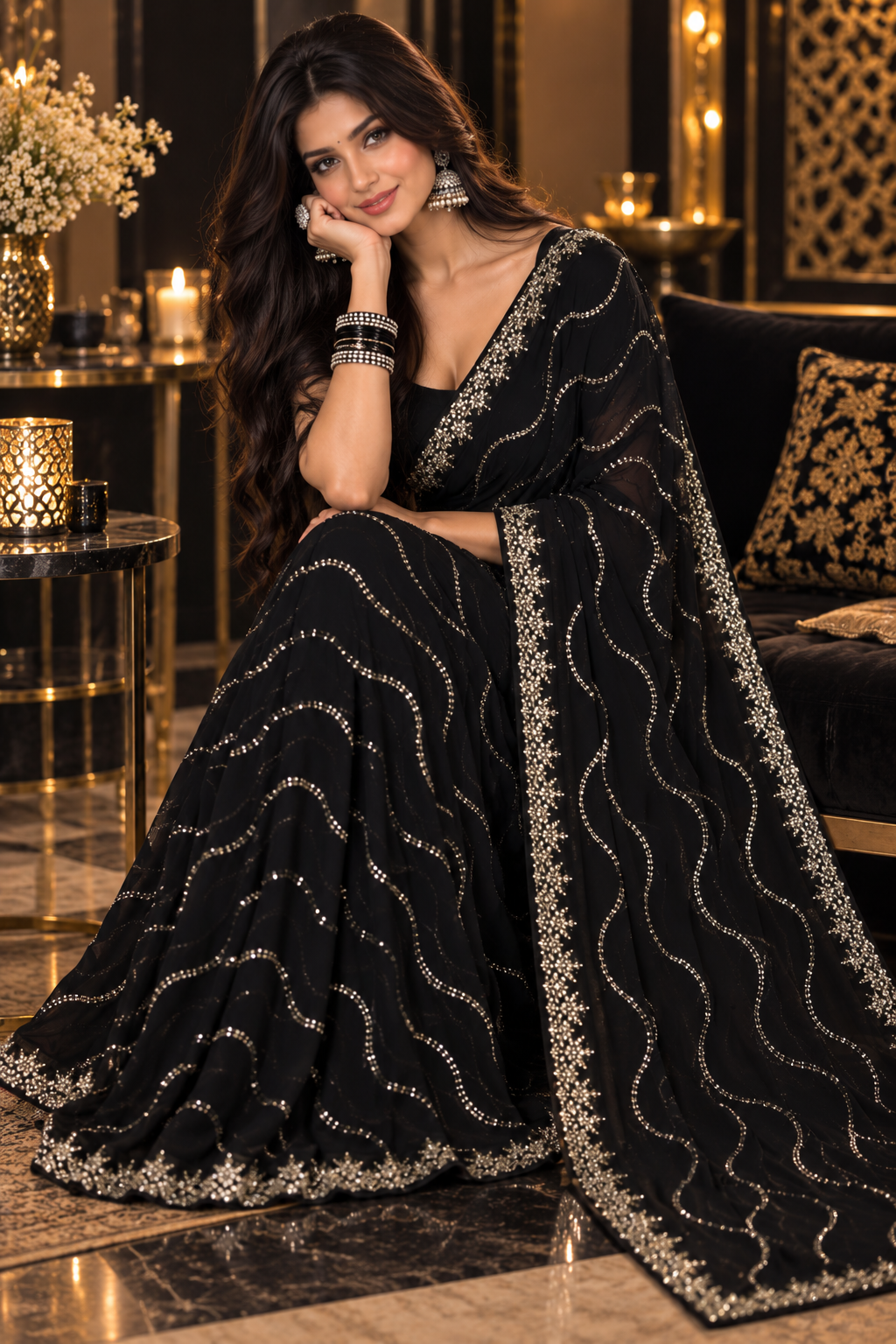 Bollywood désigner mariage sari noir avec des sequins Image secondaire du produit