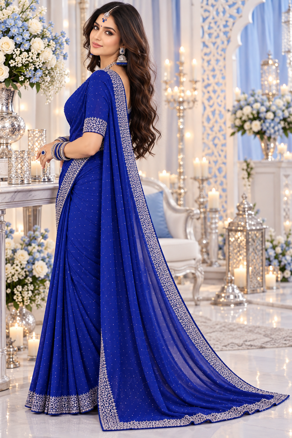 Bollywood désigner sari bleu avec des pierres argenté