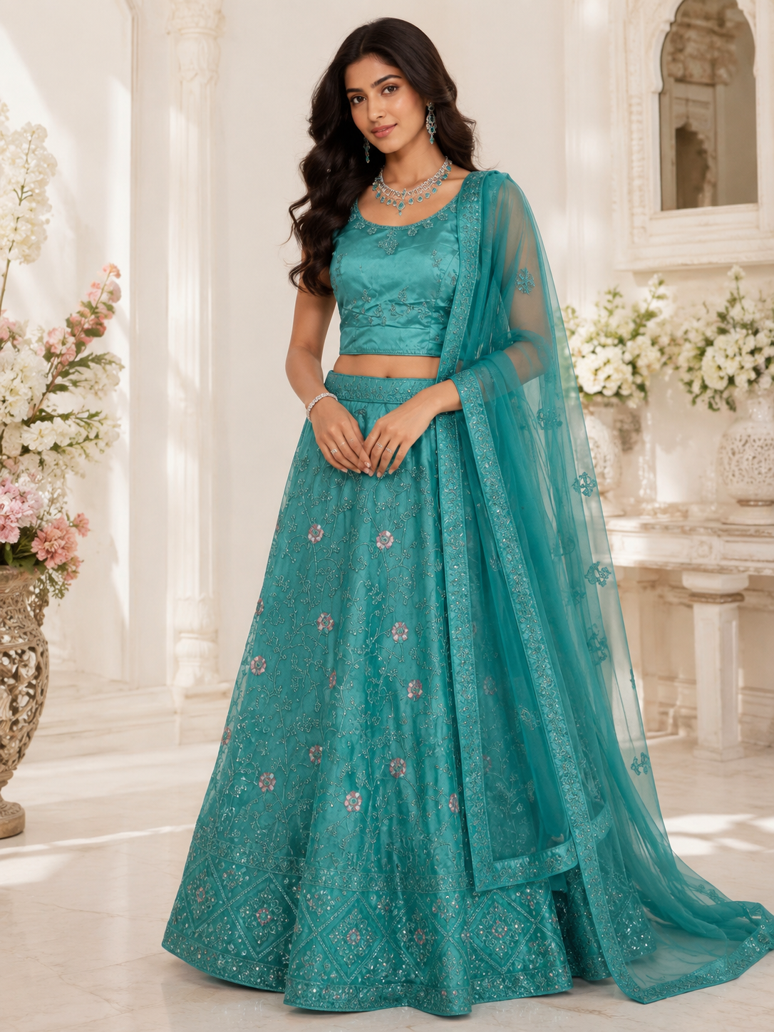 Bollywood désigner mariage lehanga choli bleu vert taille 38/42 Image principale du produit