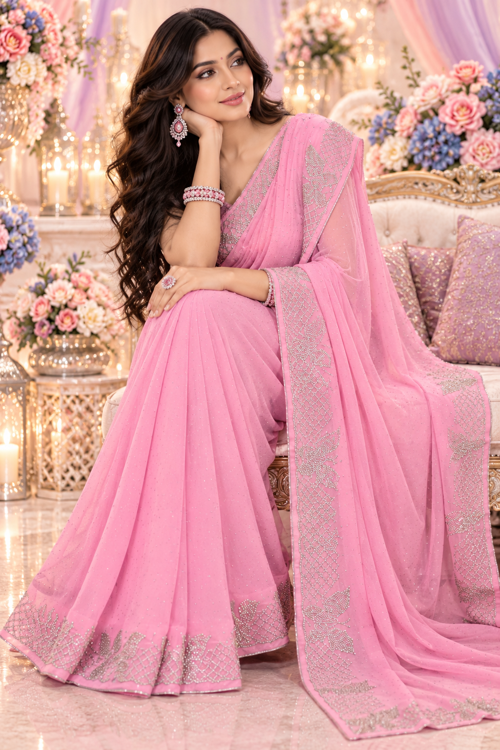 Indian désigner sari rose et argenté