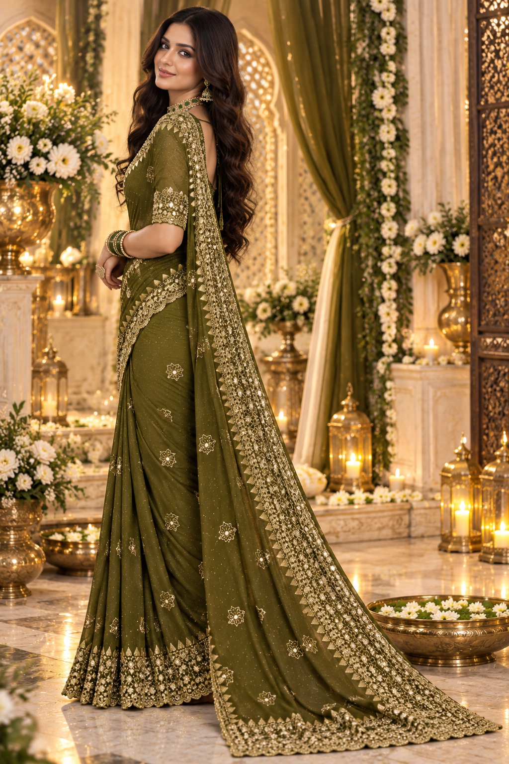 Bollywood désigner sari vert et doré brodé georgette