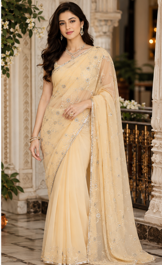 Bollywood désigner sari beige brodé avec sequins sans blouse Image principale du produit
