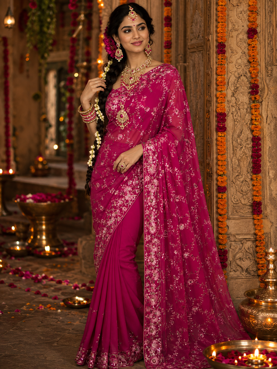 Bollywood designer sari rose fushia brodé sans blouse Image principale du produit