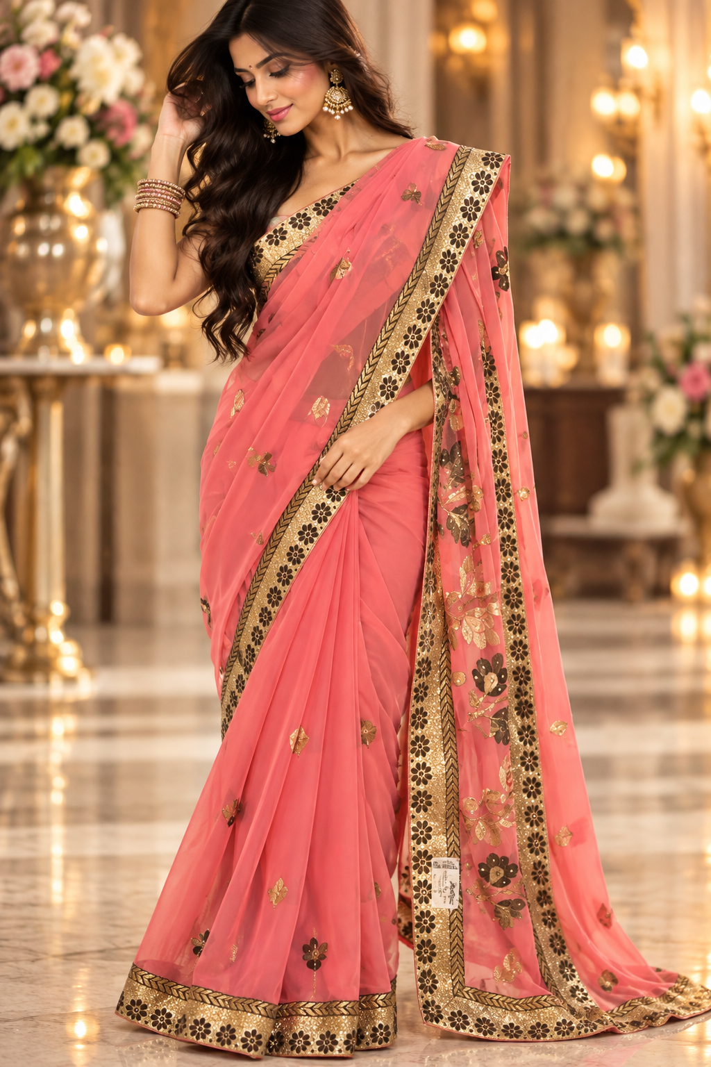 Indian sari orange corail brodé sans blouse