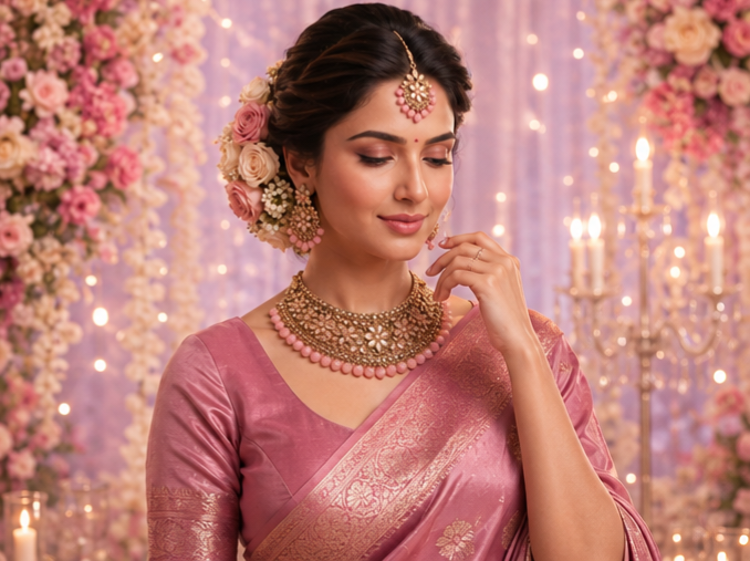 Bollywood désigner mariage sari parure rose 3 pièces Image principale du produit