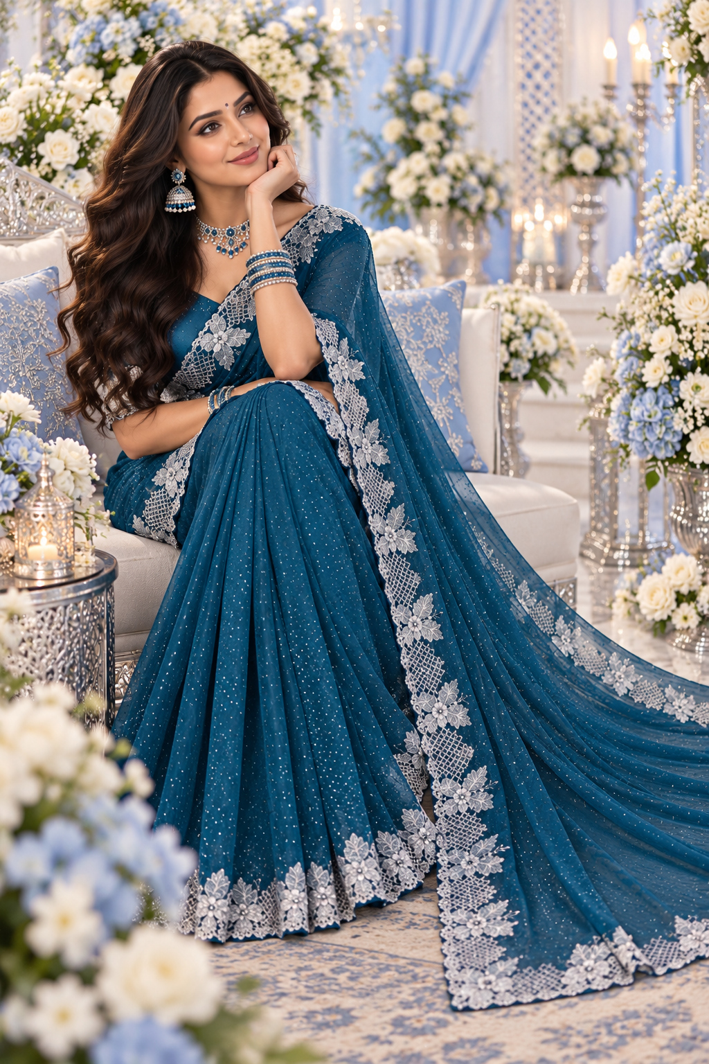 Bollywood désigner sari bleu avec des pierres argenté