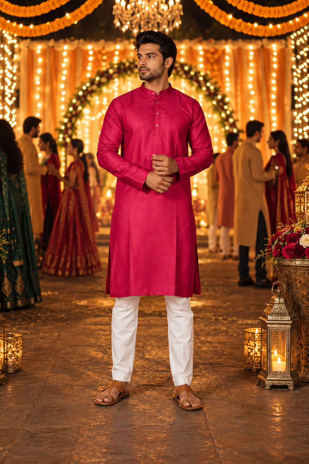 Indian kurta homme rose fuchsia et blanc