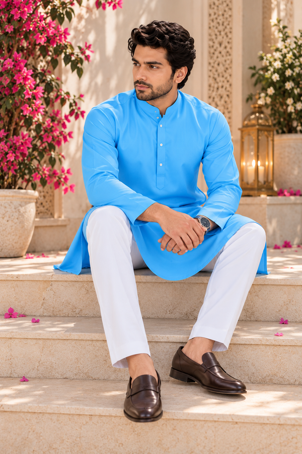 Kurta homme bleu et blanc coton taille xxl