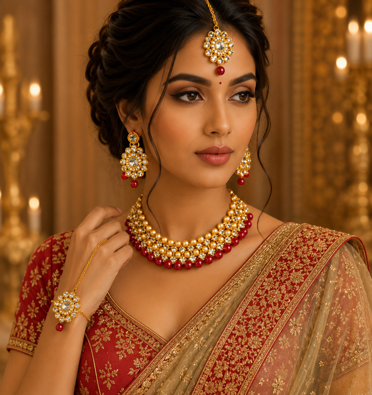 Bollywood désigner sari parure rouge 3 pièces Image principale du produit