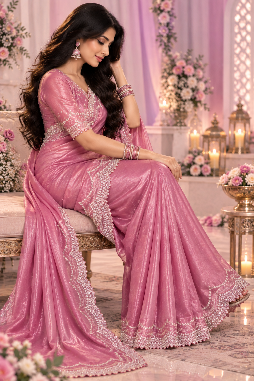 Bollywood désigner sari rose argenté