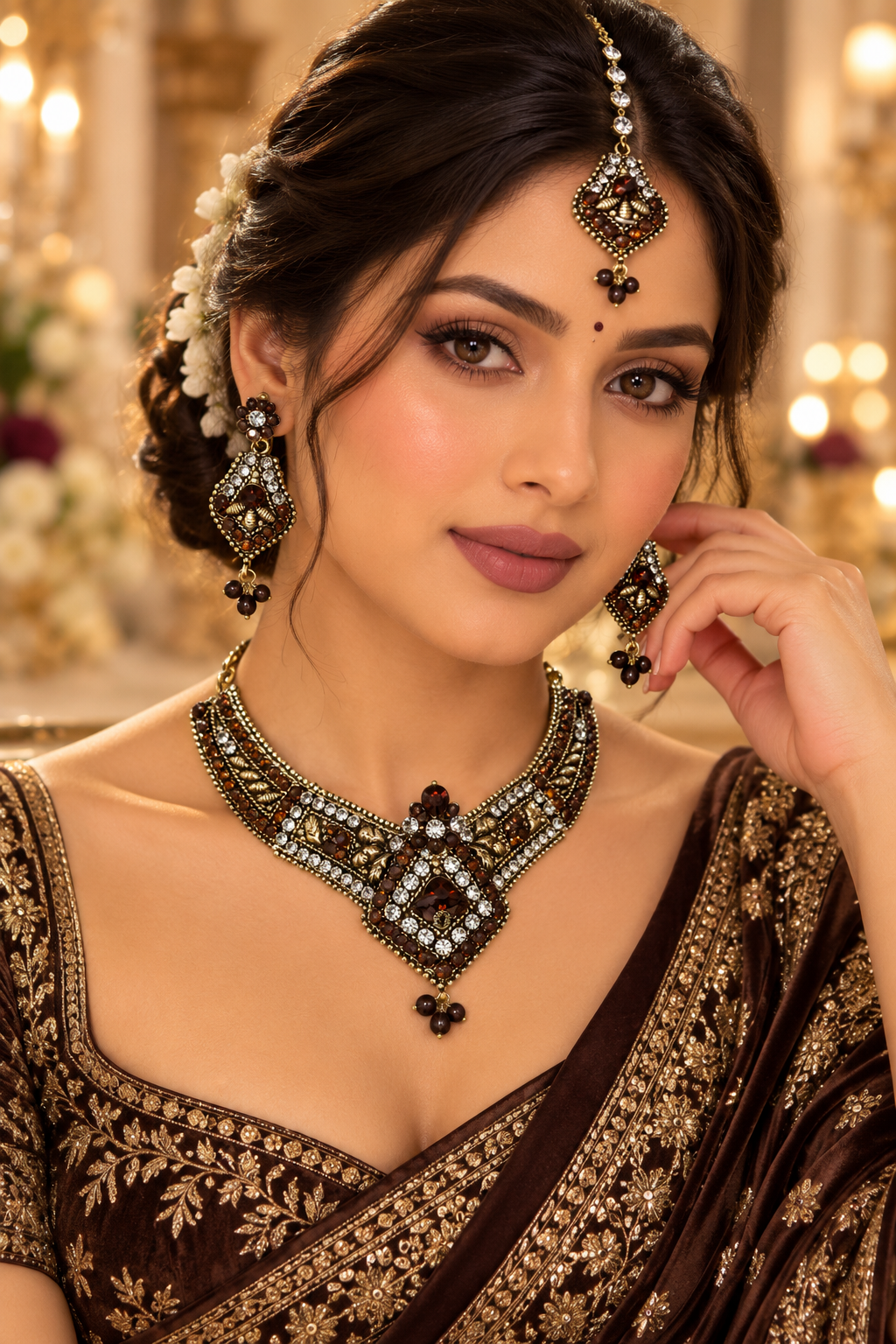 Indian désigner necklace set marron et doré Image principale du produit