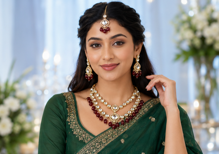 Bollywood design wedding saree set burgundy 3 pieces