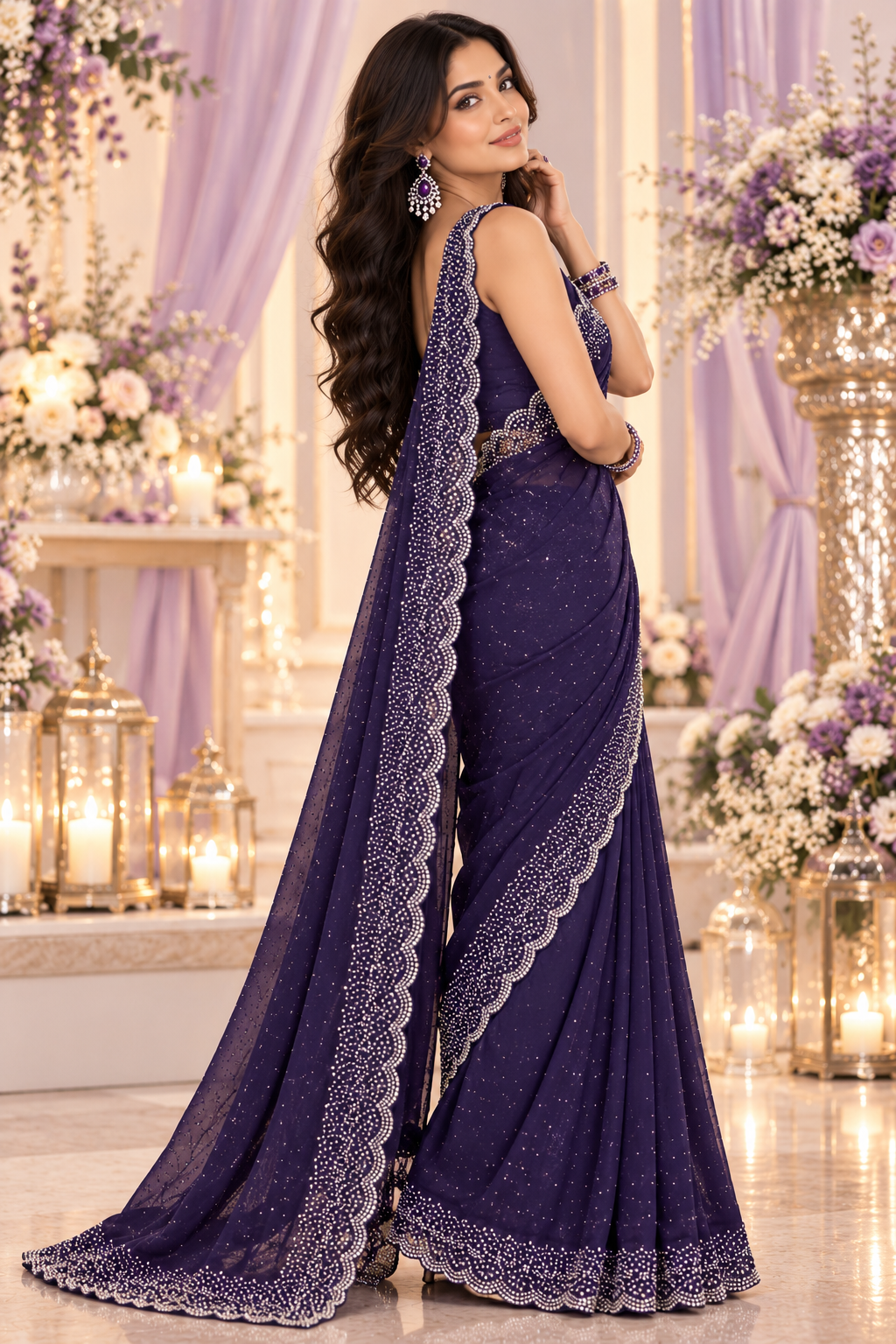 Indian désigner sari violet et argenté