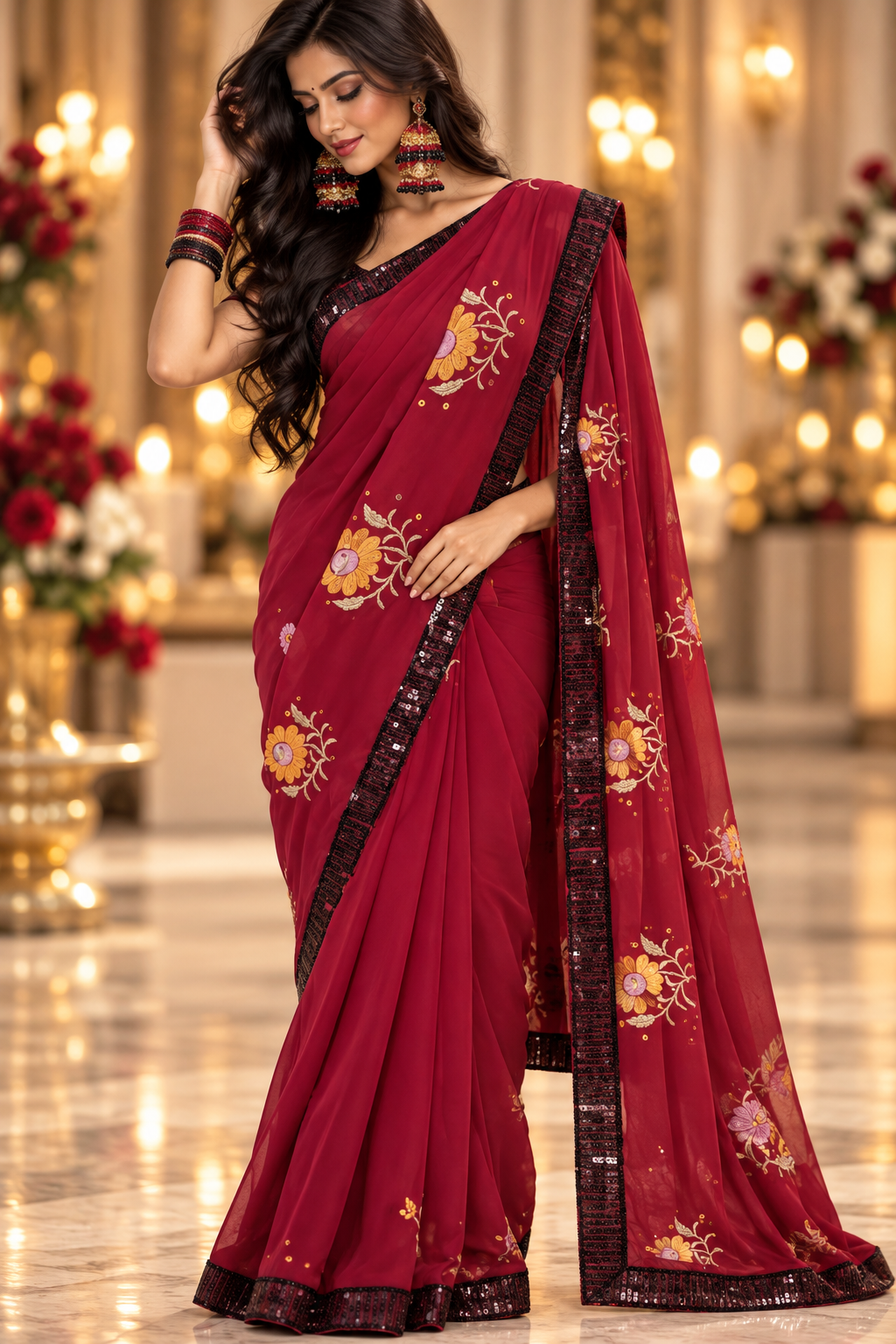 Sari rouge et noir avec sequins sans blouse Image principale du produit