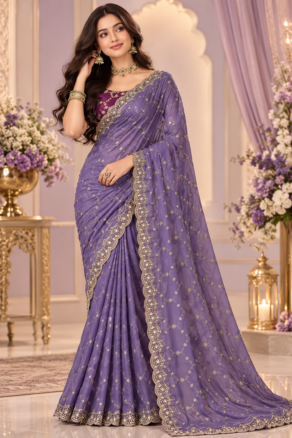 Bollywood désigner mariage sari violet georgette brodé avec sequins Image principale du produit