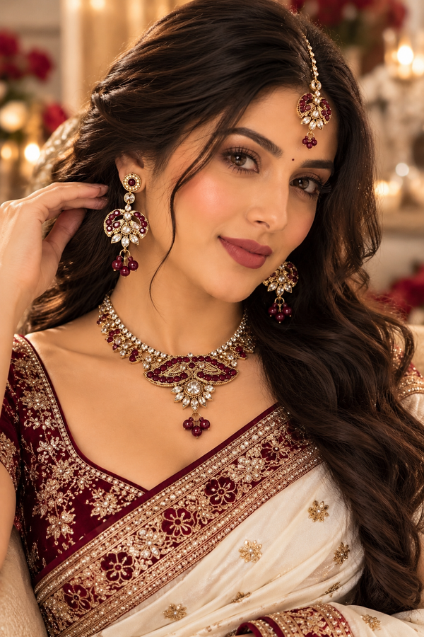 Indian désigner necklace set bordeaux et doré
