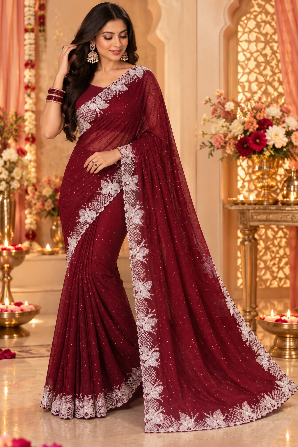 Bollywood designer burgundy sari with white stones