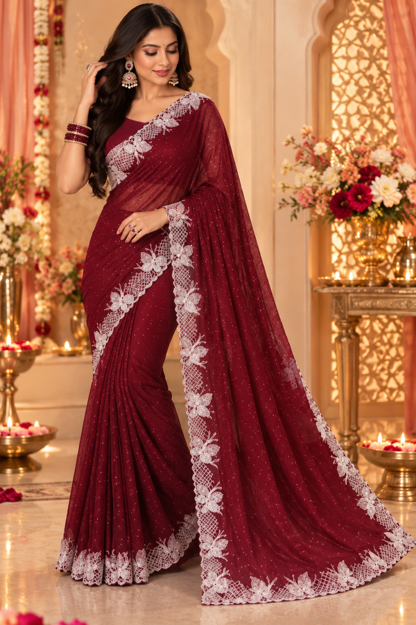 Bollywood designer burgundy sari with white stones