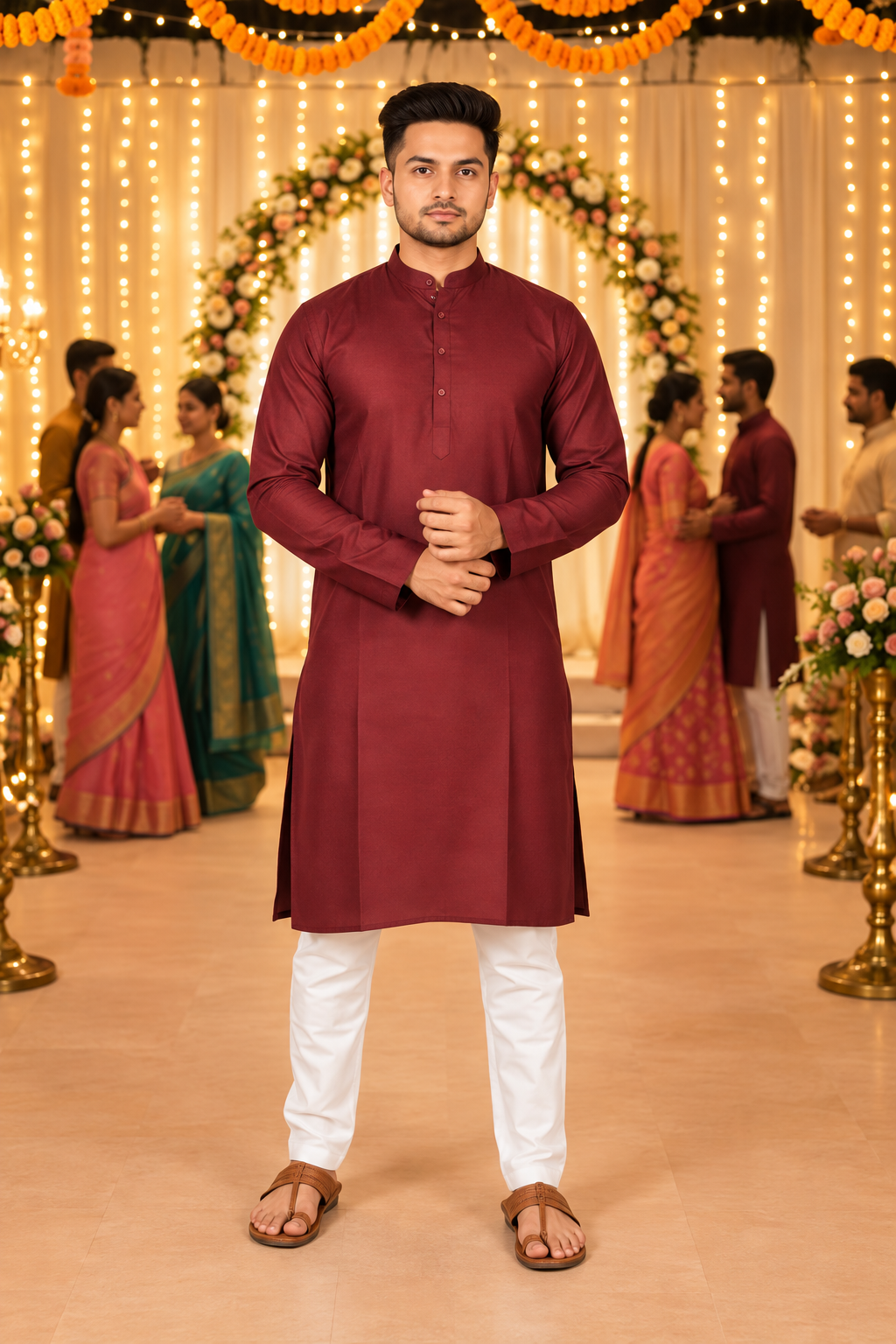 Indian kurta homme bordeaux coton Image principale du produit