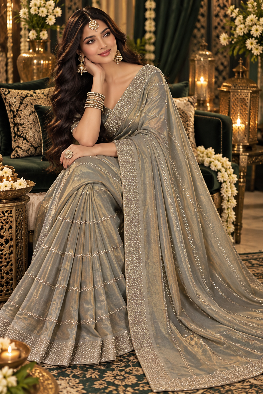 Bollywood désigner mariage sari gris taupe avec des sequins