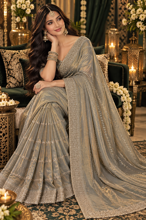 Bollywood désigner mariage sari gris taupe avec des sequins