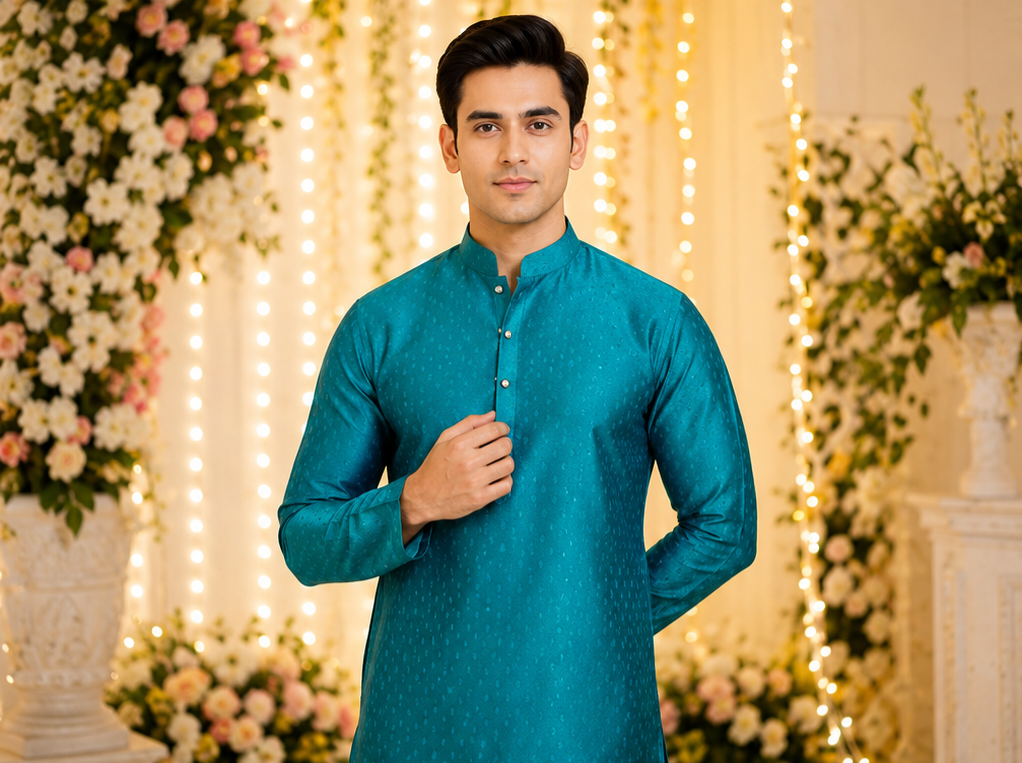Indian kurta homme bleu et blanc soie mélangé Image secondaire du produit