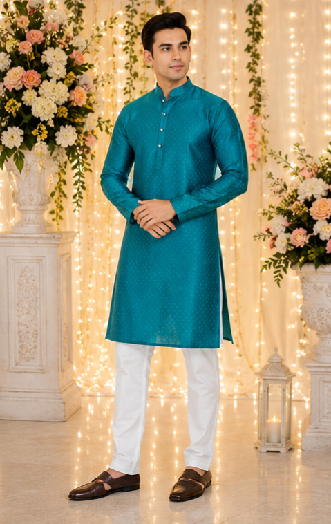 Indian kurta homme bleu et blanc soie mélangé