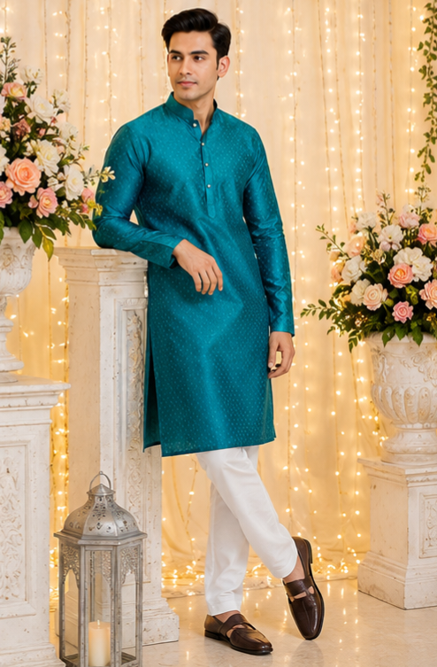 Indian kurta homme bleu et blanc soie mélangé