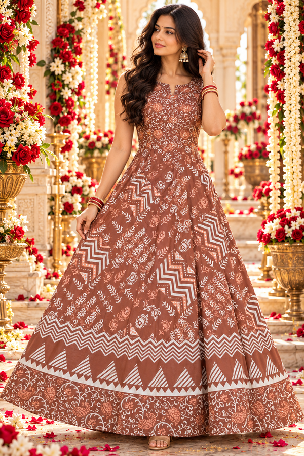 Bollywood désigner jaipuri coton robe marron taille 36/40